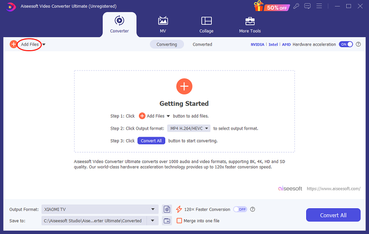 Click Add Files to import MTS file(s) for format conversion in Aiseesoft Video Converter Ultimate