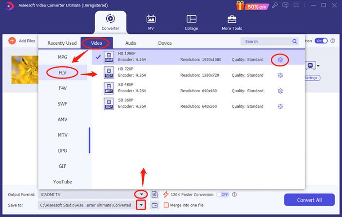 Choose the FLV format for converting MTS to FLV in Aiseesoft Video Converter Ultimate