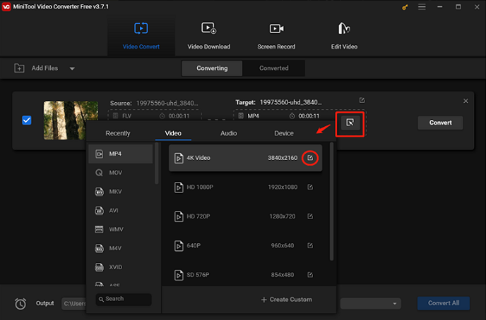 Choose an output format for FLV conversion in MiniTool Video Converter