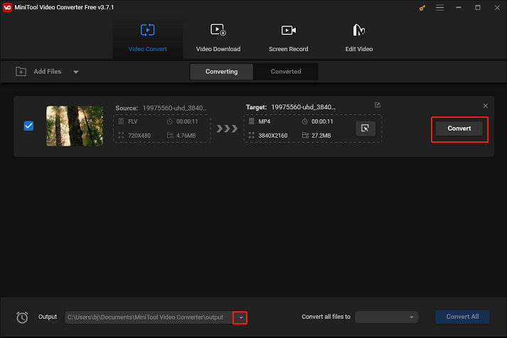 Choose an output folder and click Convert for format conversion in MiniTool Video Converter