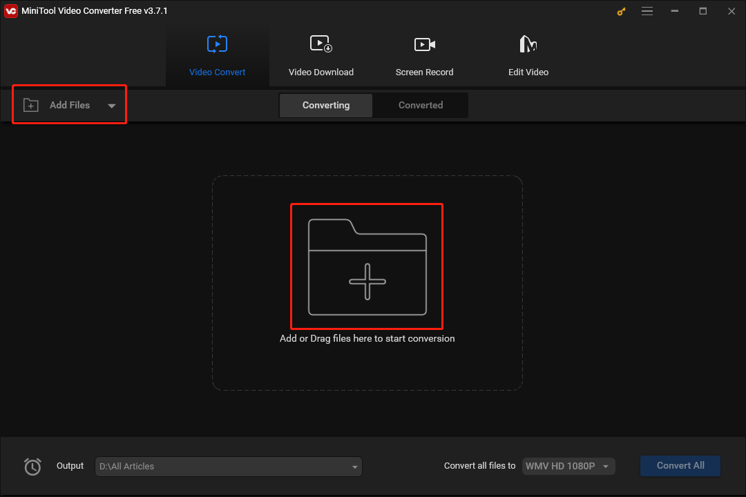 Click on Add Files or the big document icon in MiniTool Video Converter to import your WMV files for the file conversion