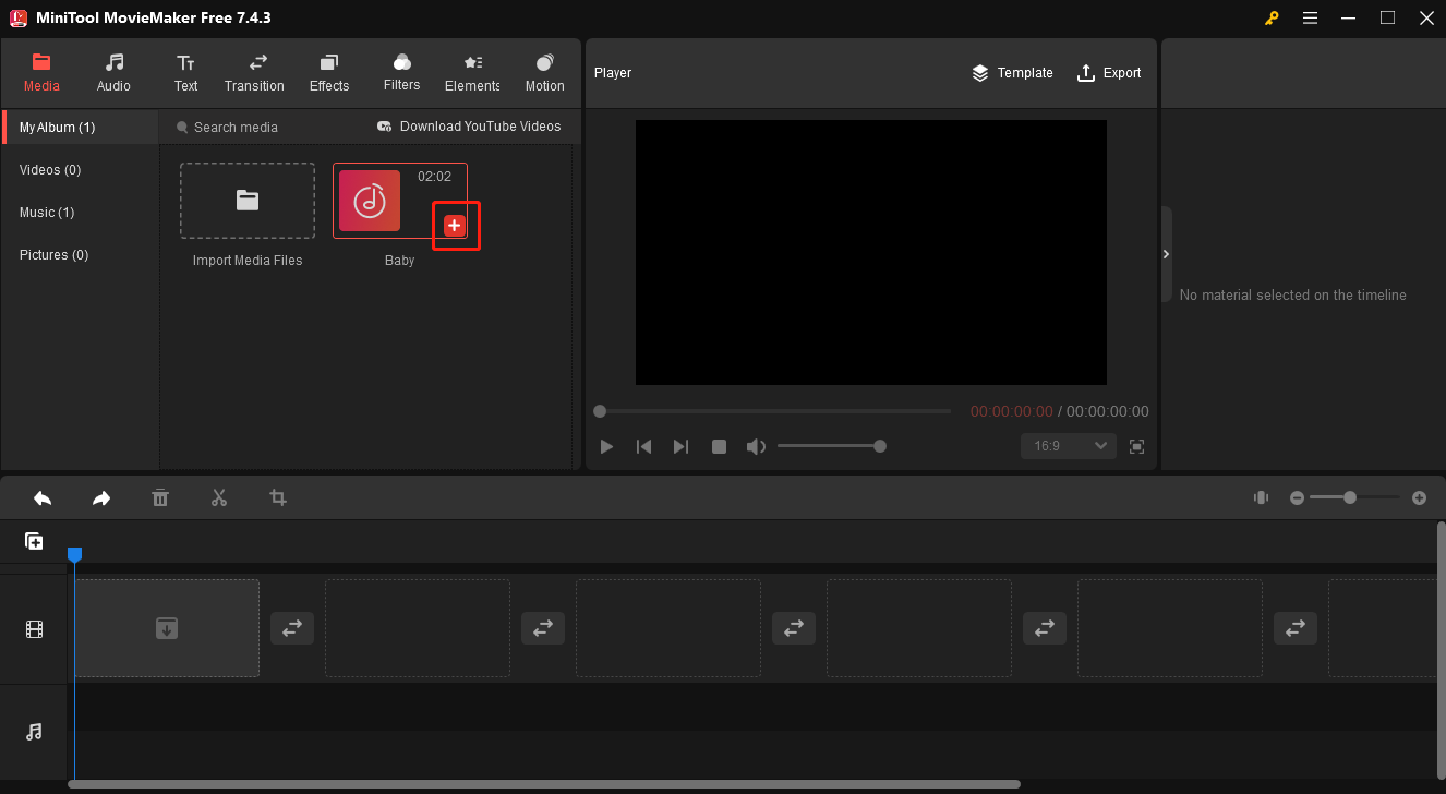 Click on the plus icon in MiniTool MovieMaker to put your WAV file on the audio track