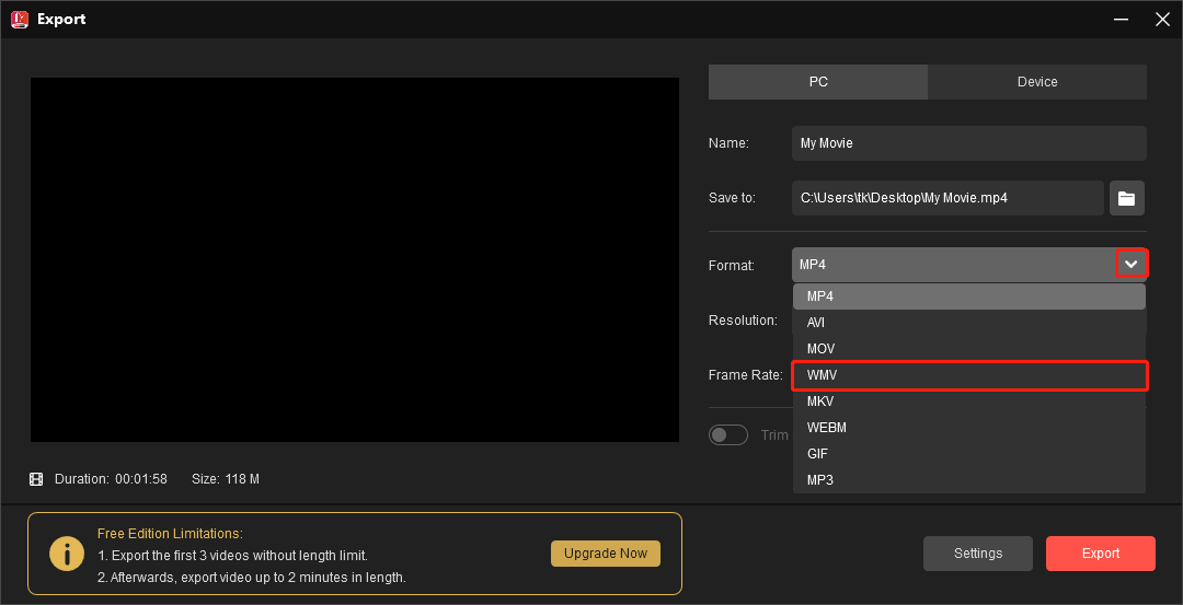 Expand the Format option in MiniTool MovieMaker and select WMV as the output format