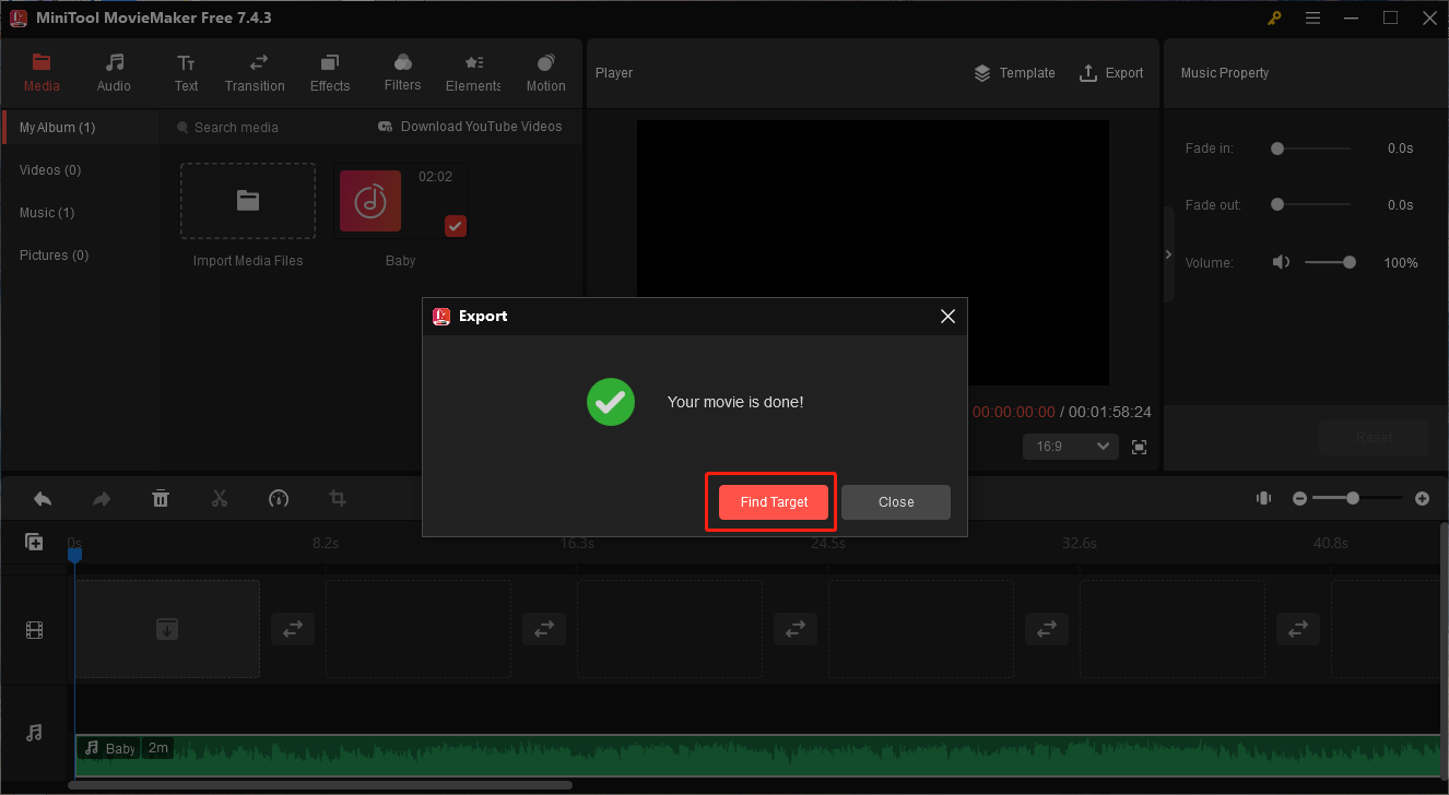 Click on the Find Target Button in MiniTool MovieMaker to check your converted file
