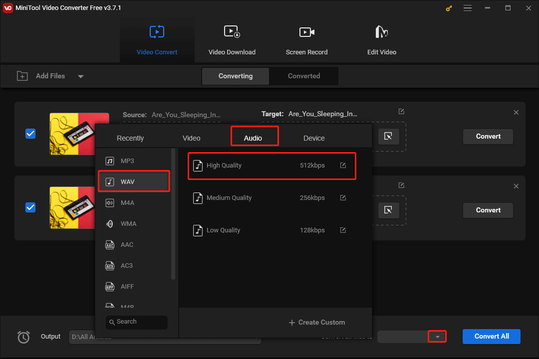 Expand the Convert all files to option in MiniTool Video Converter to set WAV as the uniform output format