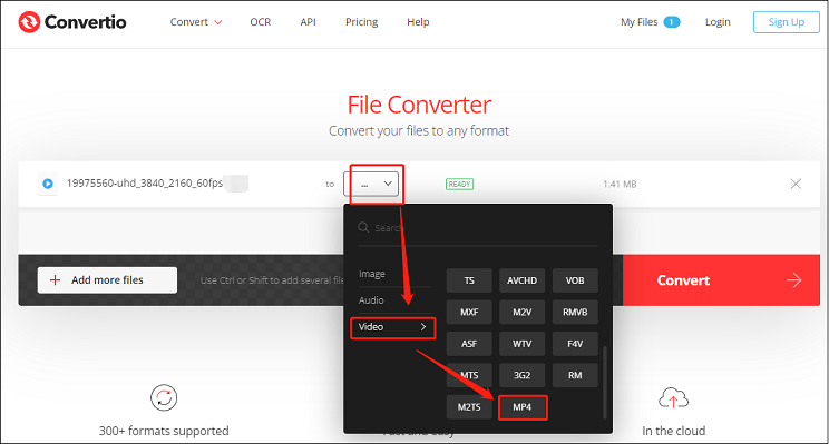 Choose MP4 as the output format for conversion in Convertio