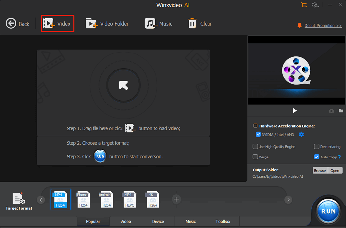 Click the +Video button to import the XAVC file for format conversion in Winxvideo AI