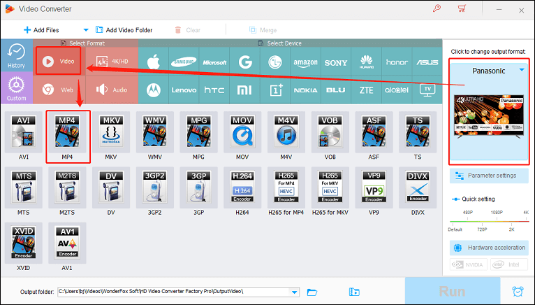 Choose MP4 as the output format for conversion in WonderFox HD Video Converter Factory Pro