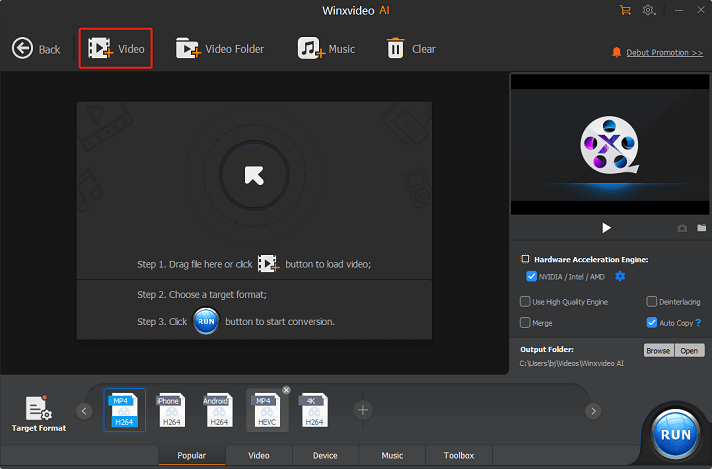 Click the +Video button to import your DAT file for conversion in Winxvideo AI