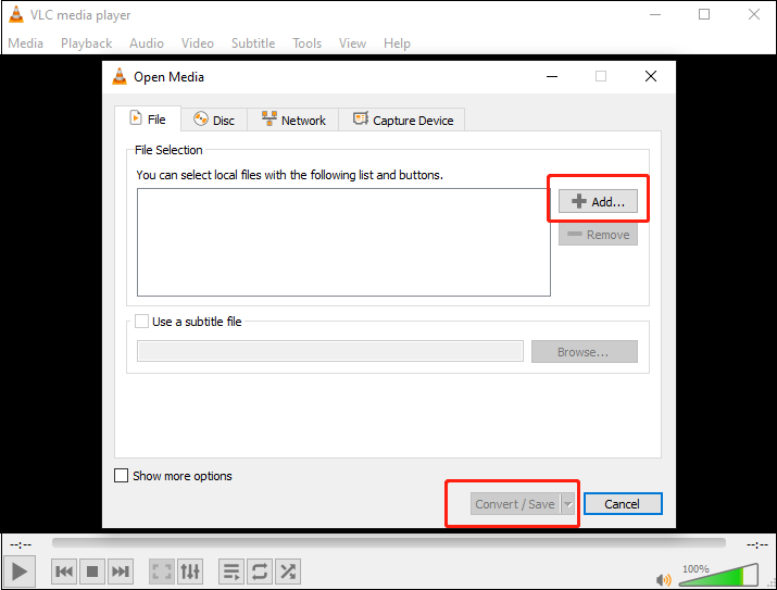 Import the target DAT file for format conversion in VLC