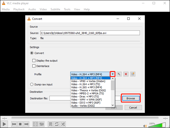 Select a format with an H.264 encoder as the output format for conversion in VLC