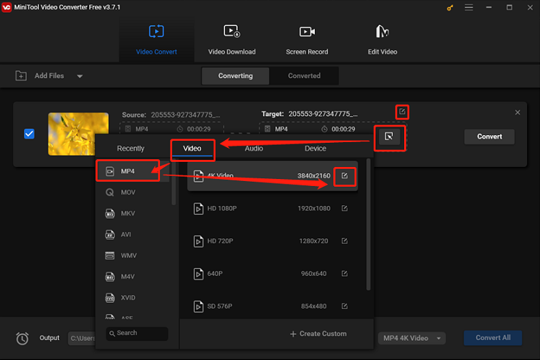 Choose MP4 for format conversion in MiniTool Video Converter