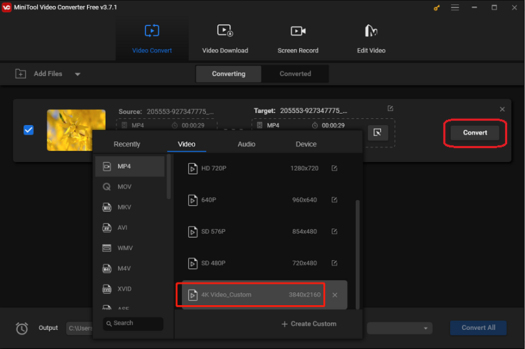 Choose the preset with H.265 codec for format conversion in MiniTool Video Converter