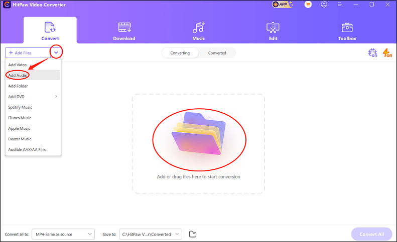 Click the Add Audio button to import your DSF file for format conversion in HitPaw Video Converter