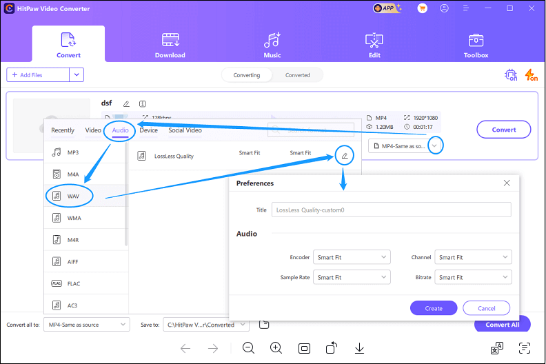 Select WAV as the output format for format conversion in HitPaw Video Converter