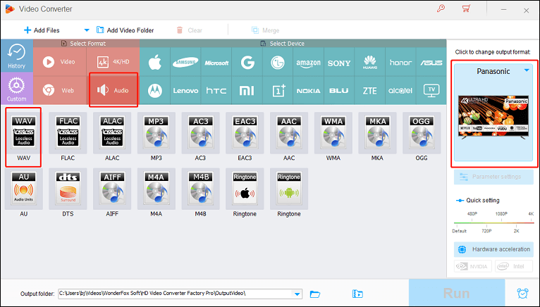 Select WAV as the output format for format conversion in WonderFox HD Video Converter Factory Pro