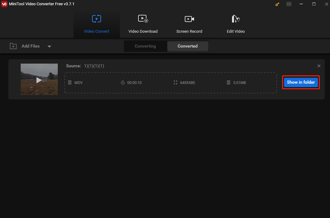 Click Show in folder under the Converted tab to locate the MOV file