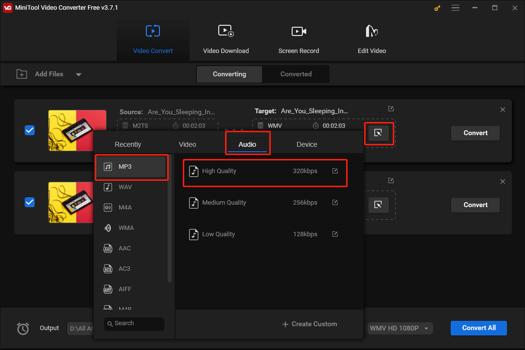 Click on the Edit icon in MiniTool Video Converter to select MP3 High Quality as the output format