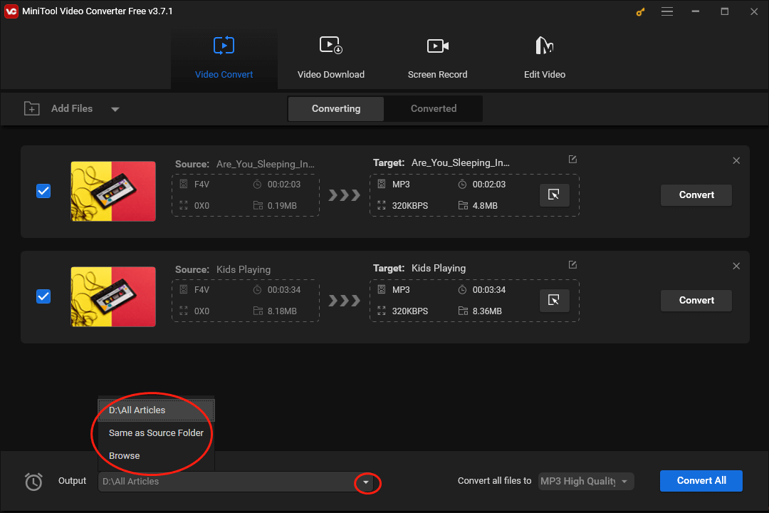 Click on the inverted triangle in MiniTool Video Converter to expand the Option and customize the location that will save your converted files