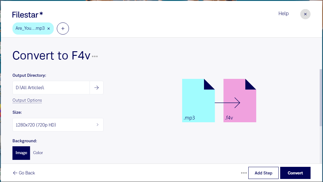 The MP3 to F4V conversion page of Filestar