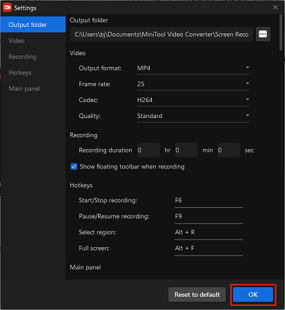 Customize some parameters in MiniTool Video Converter for screen record