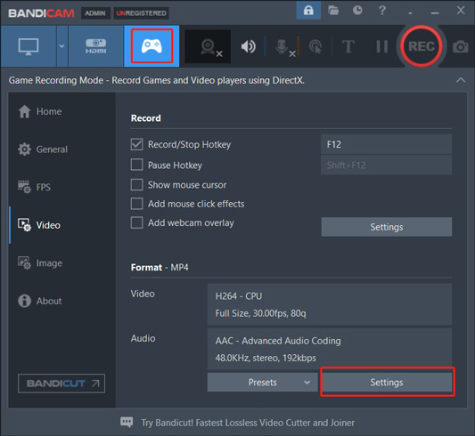 Select Game Recording Mode in Bandicam to record CrossFire