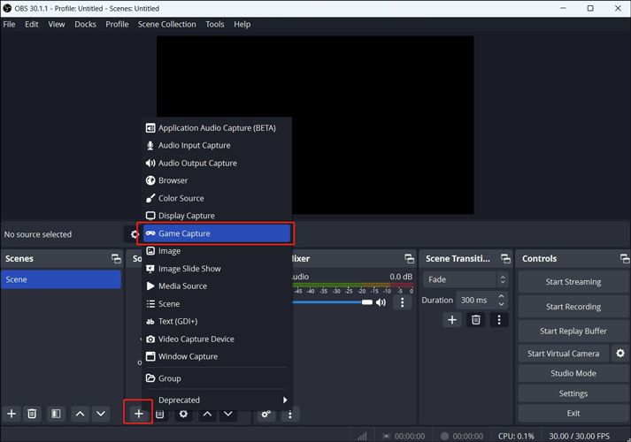 Choose Game Capture as the recording source in OBS Studio