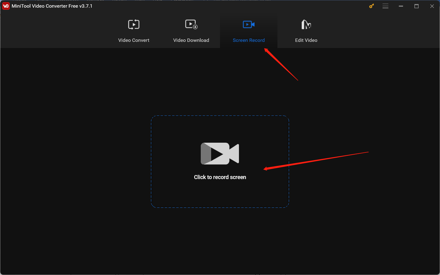 Hit the Click to record screen area under the Screen Record module in MiniTool Video Converter to launch MiniTool Screen Recorder