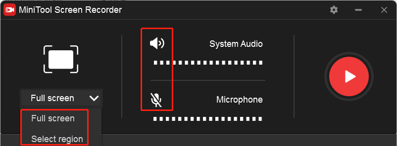 Set the recording area and audio source on the MiniTool Screen Recorder panel