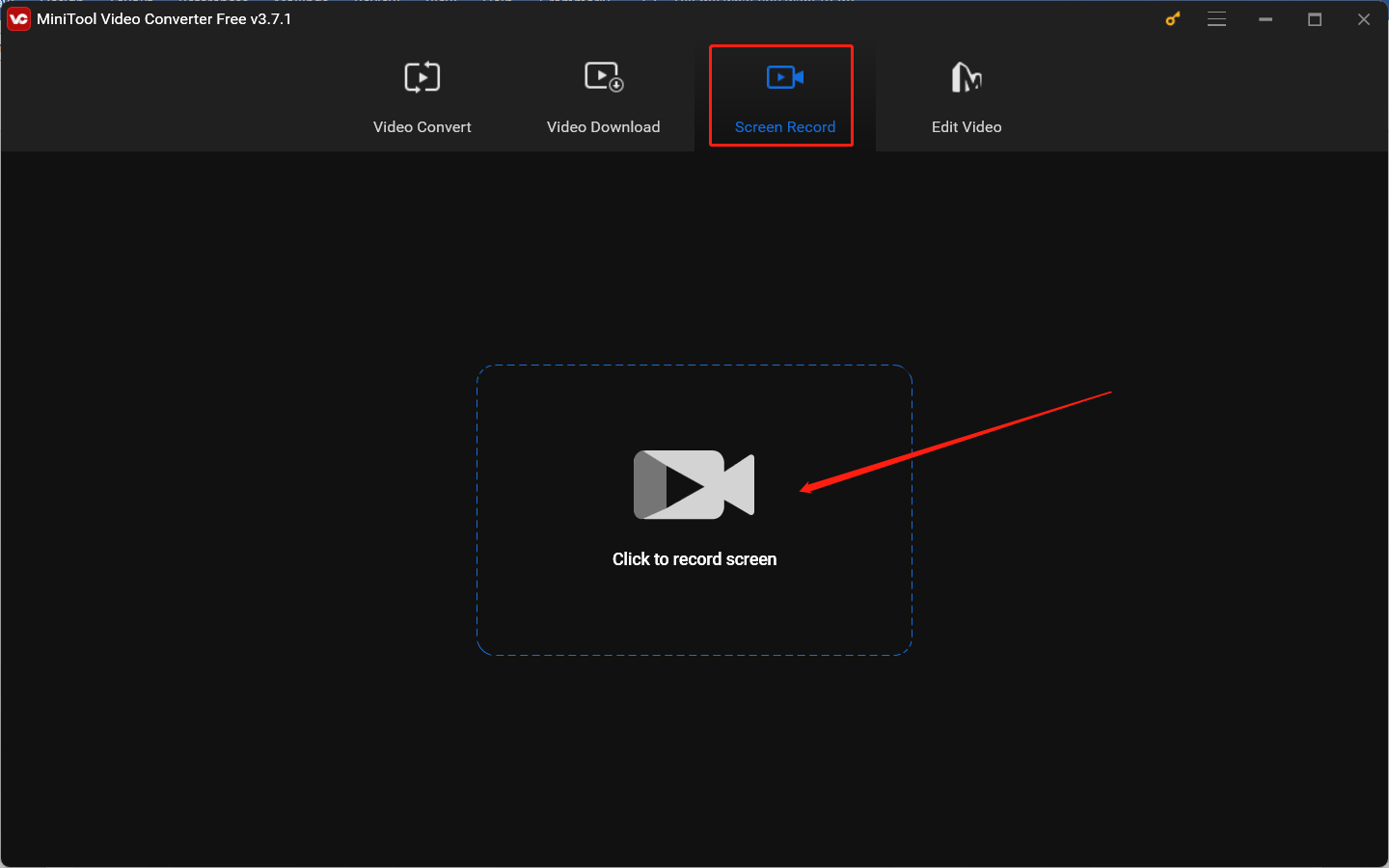 Hit the Click to record screen area in MiniTool Video Converter to access the MiniTool Screen Recorder panel