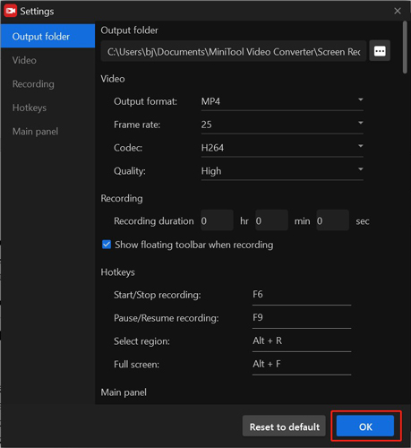 The recording settings windows of MiniTool Screen Recorder