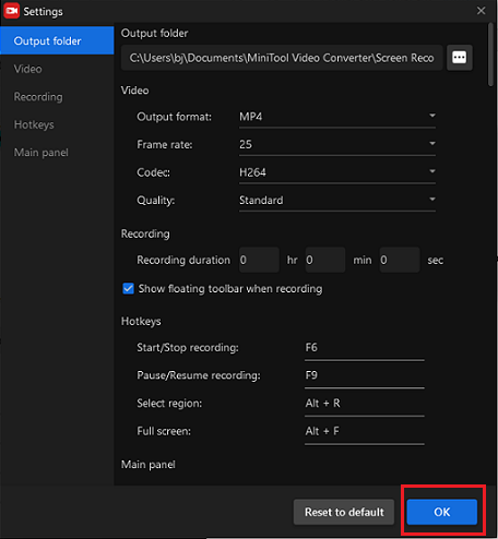 Customize the parameters for screen record in MiniTool Video Converter