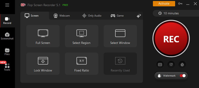 The main interface of iTop Screen Recorder