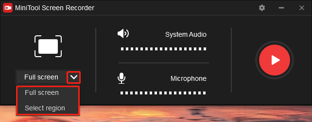 Click on the inverted arrow in MiniTool Screen Recorder to expand the option where you can select the recording area