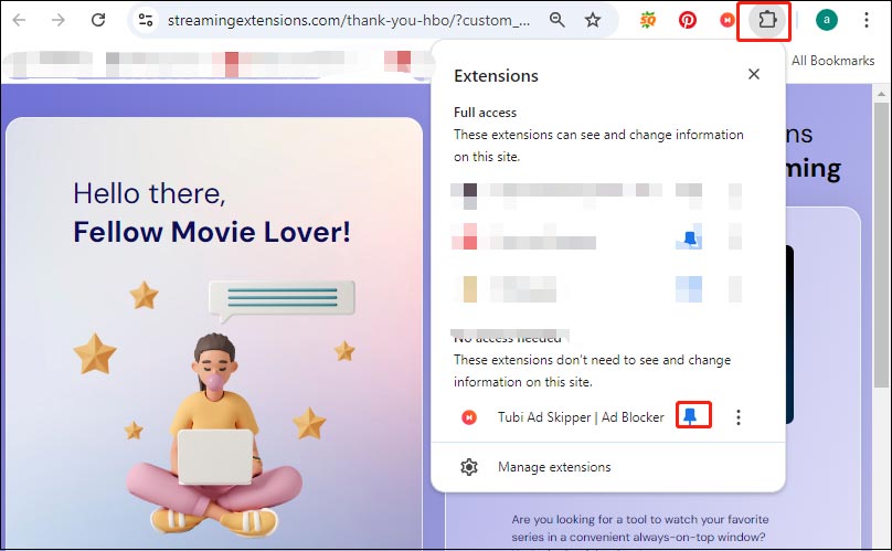 Click the pin button under Extensions to pin Tubi Ad Skipper