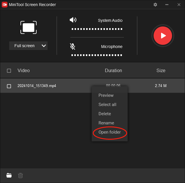 Right-click on the recording file in MiniTool Screen Recorder and select Open folder to check your YouNow video recording