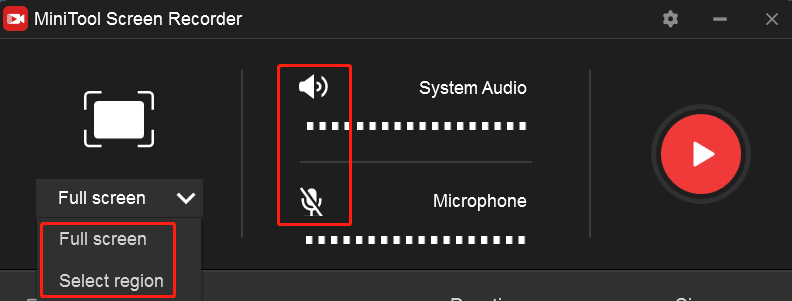 Choose the recording area and audio source on the MiniTool Screen Recorder panel