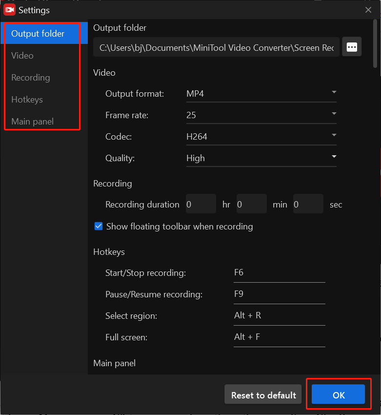 Customize the recording settings in the Settings page of MiniTool Screen Recorder