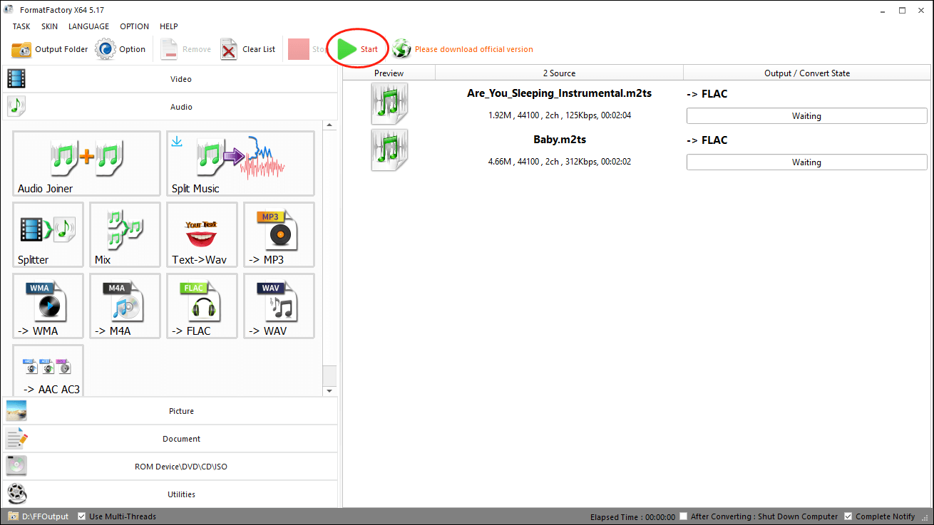 Click on the Start button to begin the conversion from M2TS to FLAC