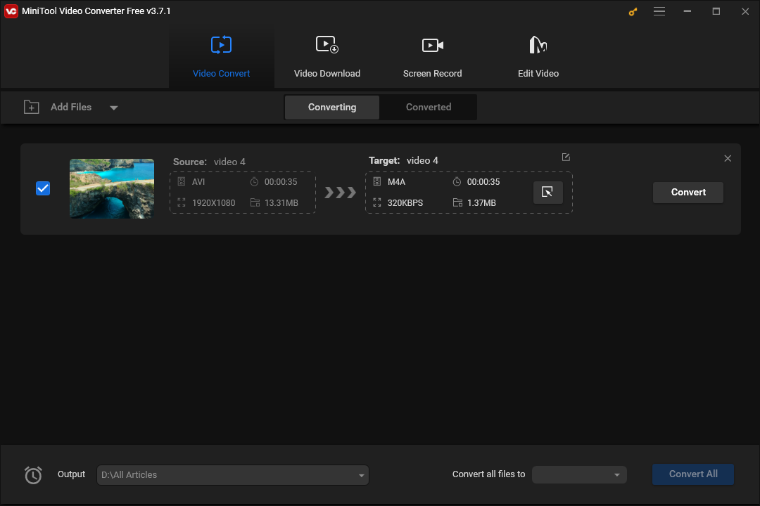 The interface of AVI to M4A conversion in MiniTool Video Converter