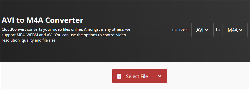 The AVI to M4A Converter Page of CloudConvert