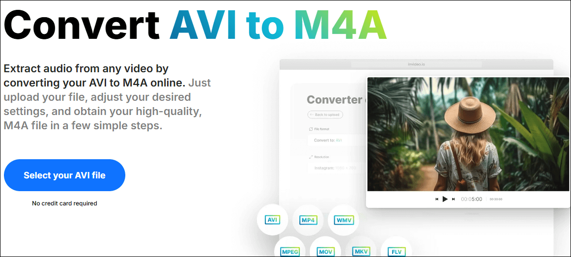 The AVI to M4A Converter Page of Invideo