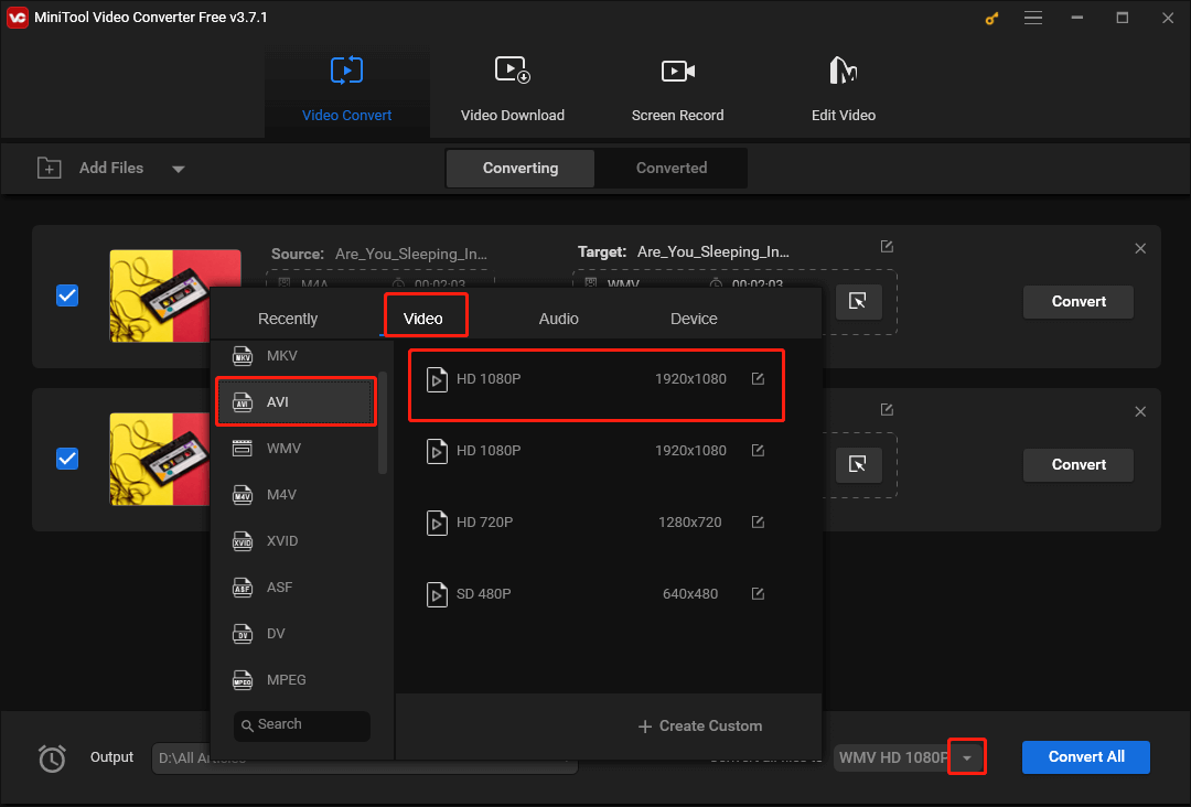 Expand the Convert all files to option in MiniTool Video Converter to set AVI HD 1080P as the output format of your M4A files