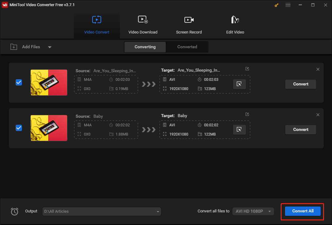 Click on the Convert All button in MiniTool Video Converter to begin the conversion