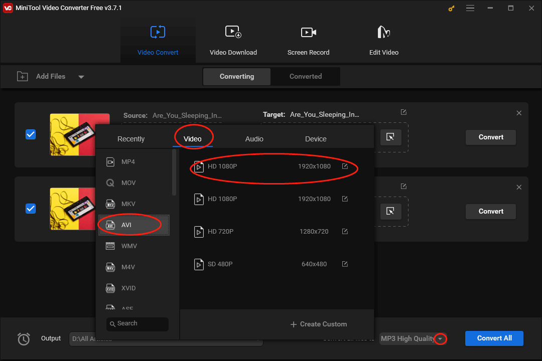 Click on the inverted arrow in MiniTool Video Converter to expand the Convert all files to option and select AVI HD 1080P as the output format