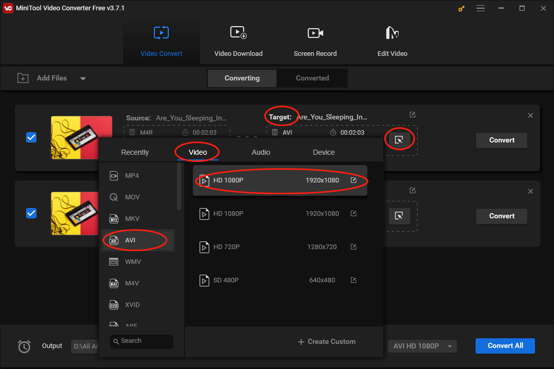 Click on the Edit icon in MiniTool Video Converter to set AVI HD 1080P as the output format