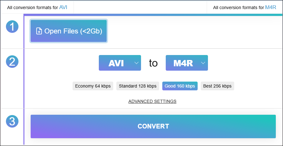 The AVI to M4R Converter page of Online-Audio-Convert