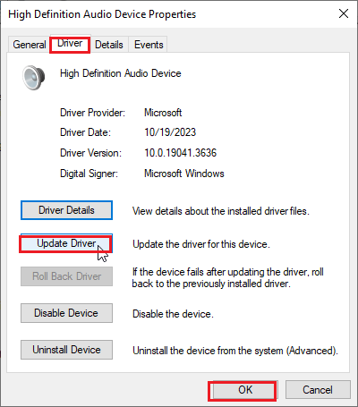 Click Update Driver to update your sound card driver under the Driver tab