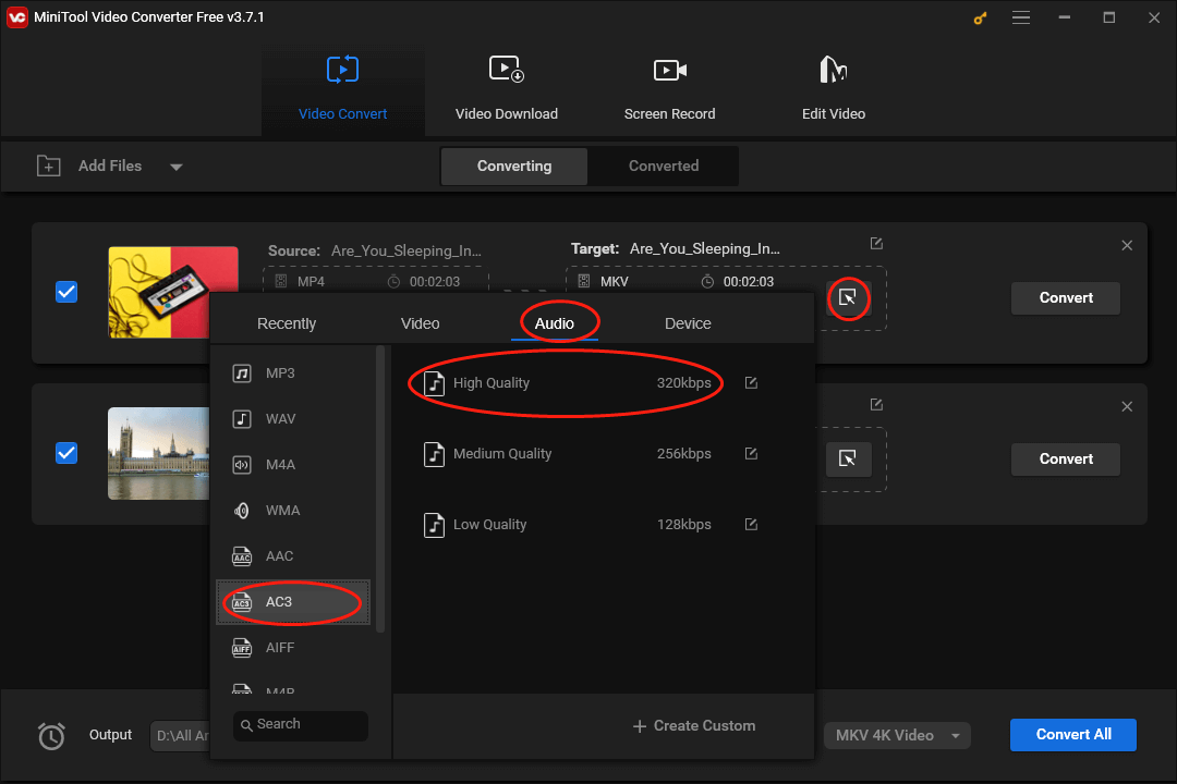 Click on the Edit icon in MiniTool Video Converter to set AC3 as the output format for a single MP4 file