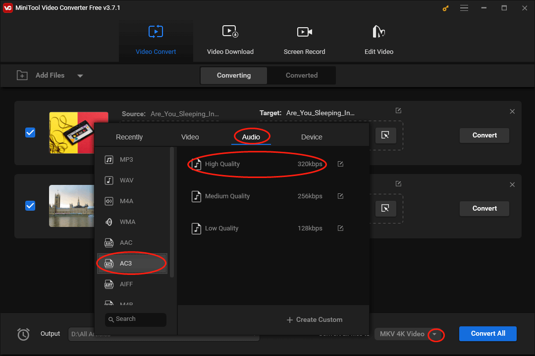 Click on the inverted triangle in MiniTool Video Converter to expand the Convert all files to option and select AC3 as a uniform output format for multiple MP4 files